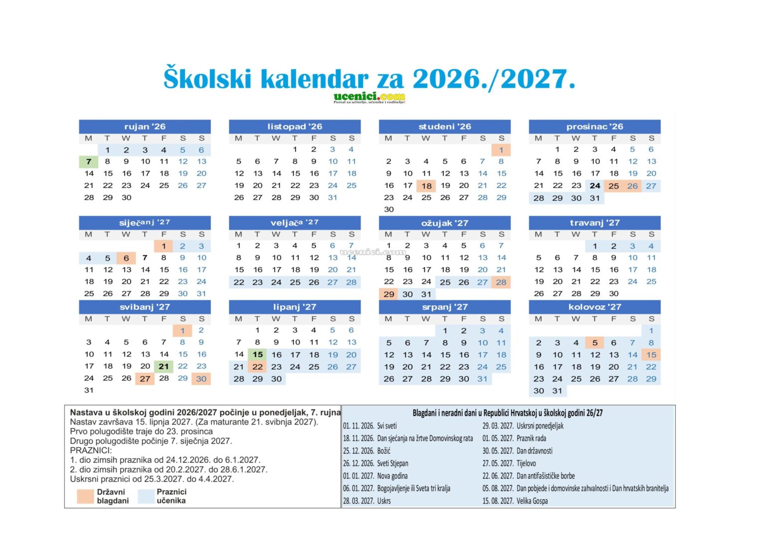 Školski kalendar 2025